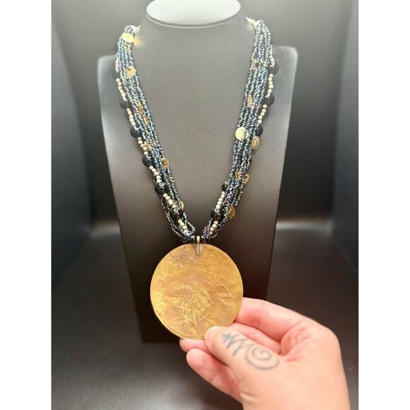 Vintage Handcrafted Brass Etched Bird Pendant with Beaded Collar Necklace - Picture 7 of 10